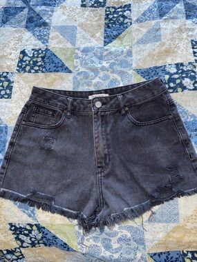 PacSun Charcoal Black Frayed Hem Distressed Denim Shorts